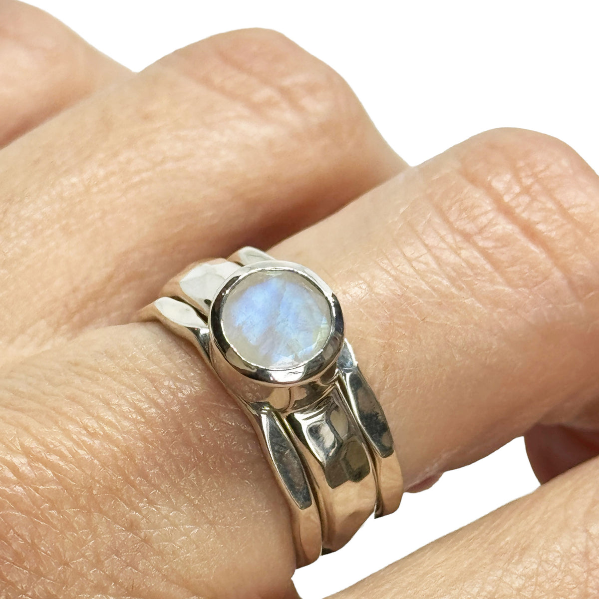Another angle of the moonstone stack ring with silver bands