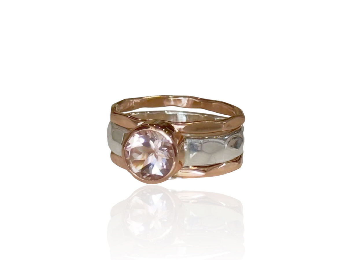 Side view of the morganite bezel ring in silver and rose gold