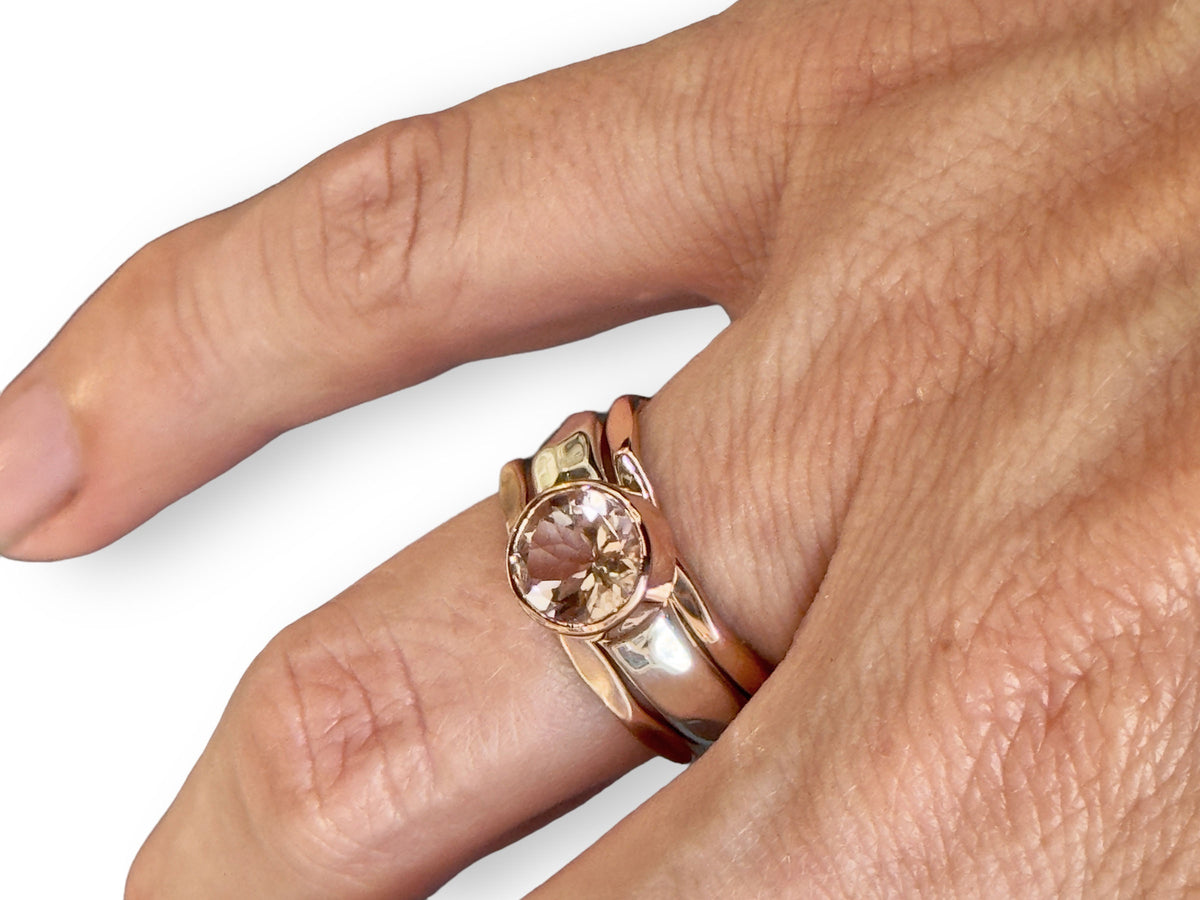 Alternate view of the 8mm morganite rose gold and silver stack ring