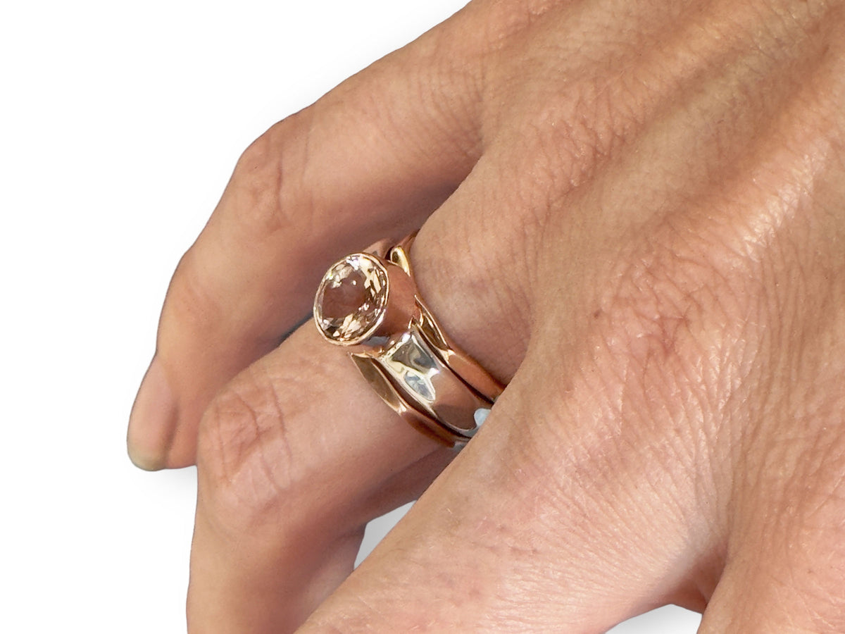 Close-up of the soft pink 8mm morganite in its rose gold setting