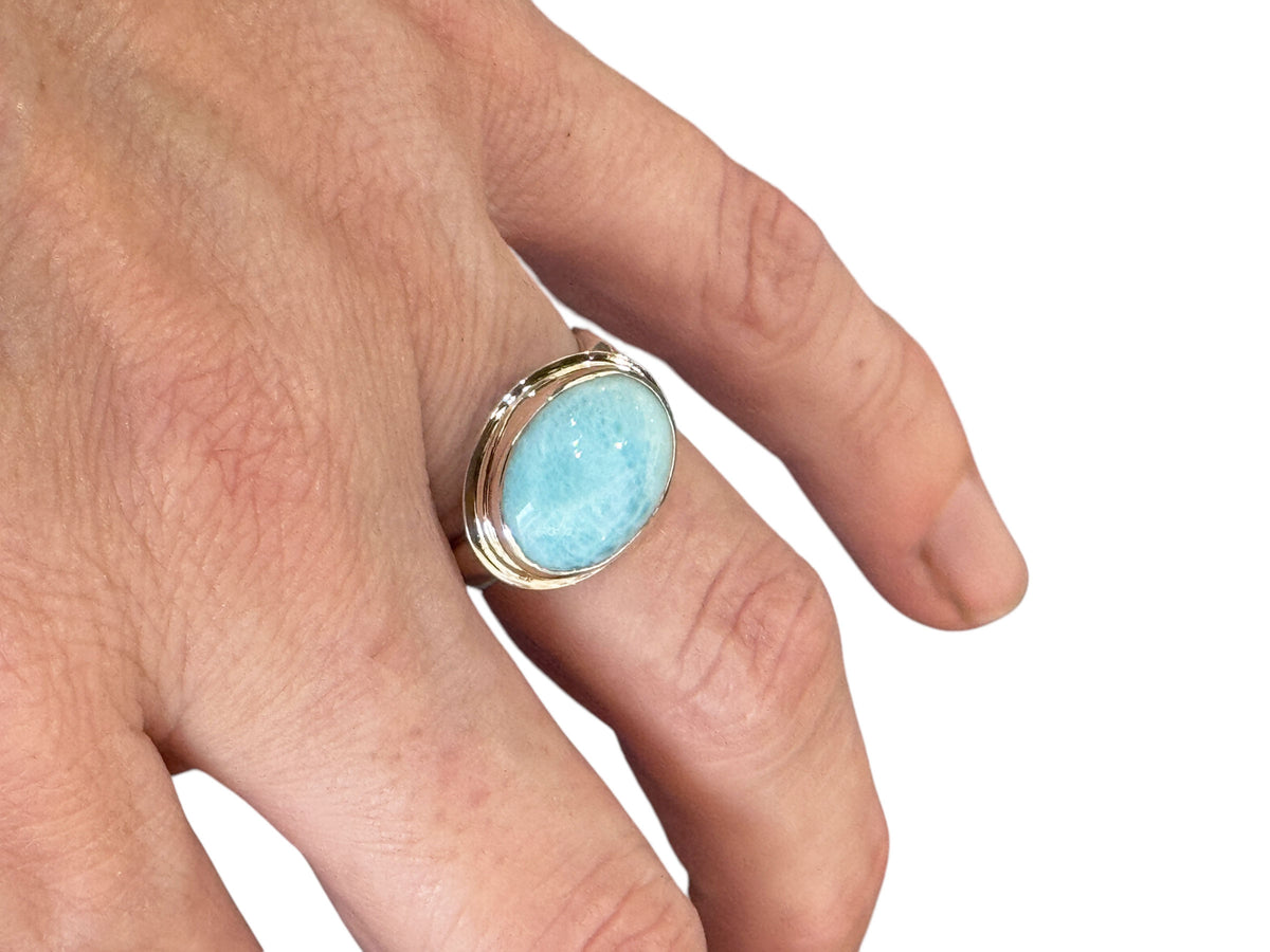 Alternate view of the size 7 oval larimar side-set ring in silver