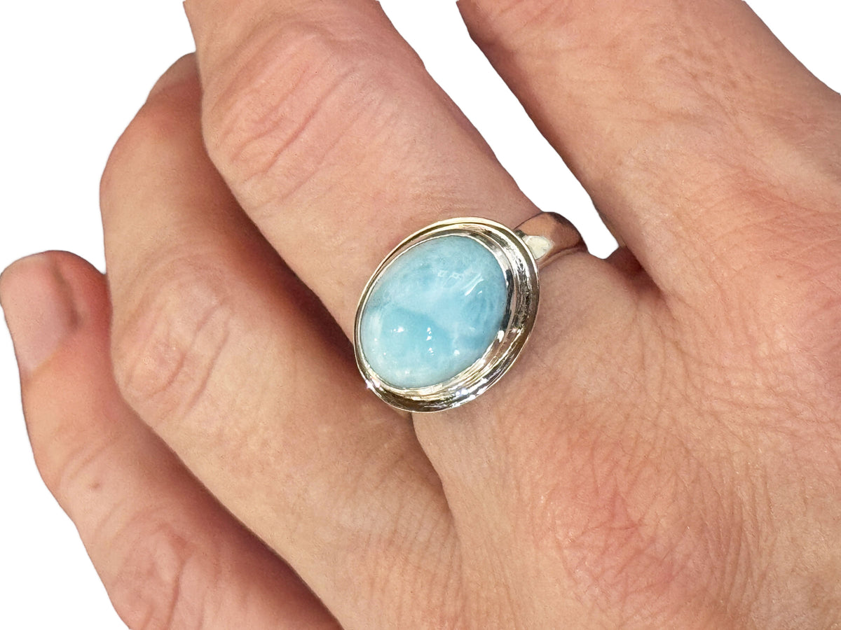 Alternate view of the size 9 oval larimar side-set ring in silver