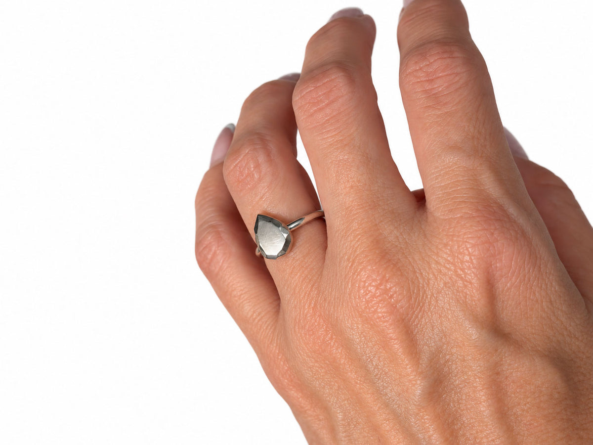 Alternate view of the pear-shaped silver Facets ring