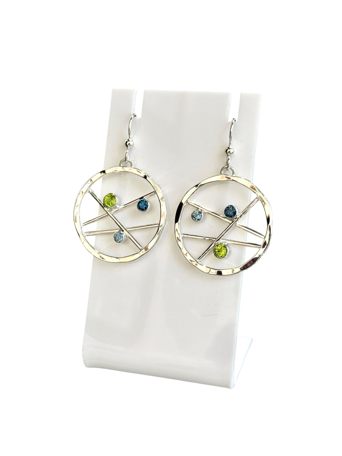 Small sterling silver hoop earrings set with green peridot, London blue topaz and sky blue topaz