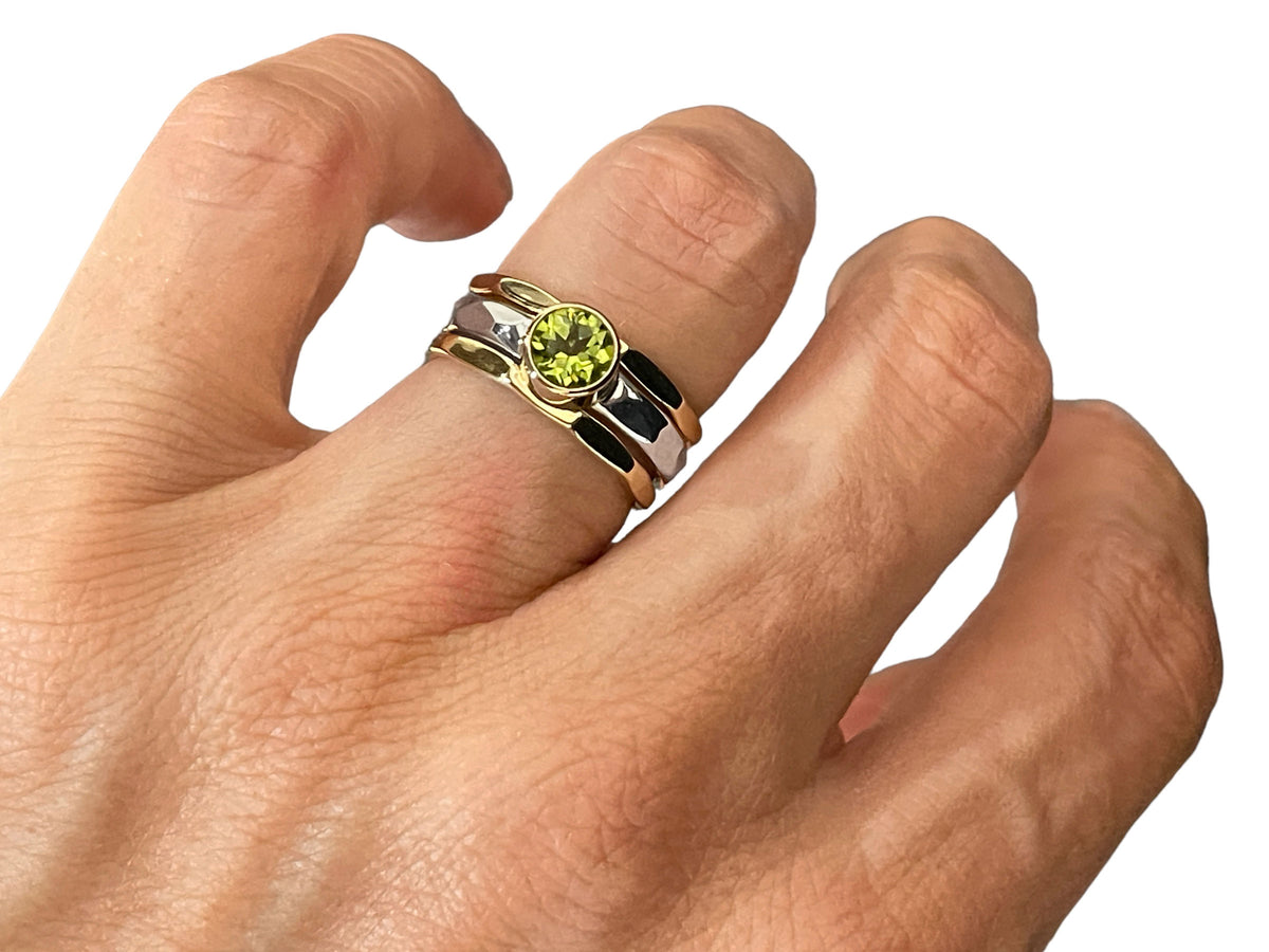 Alternate view of the peridot silver and gold Self Love stack ring