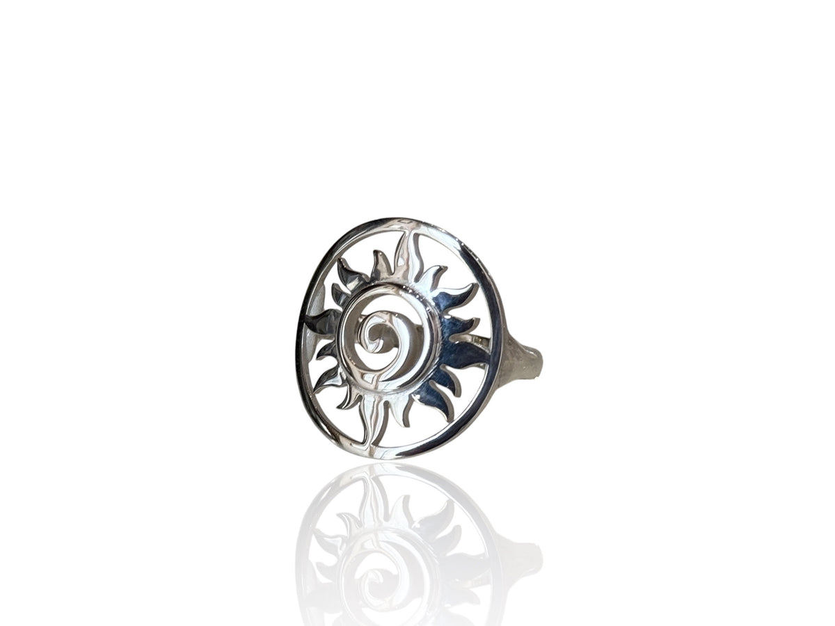 Sterling silver sun swirl ring with polished rays spiraling around the center