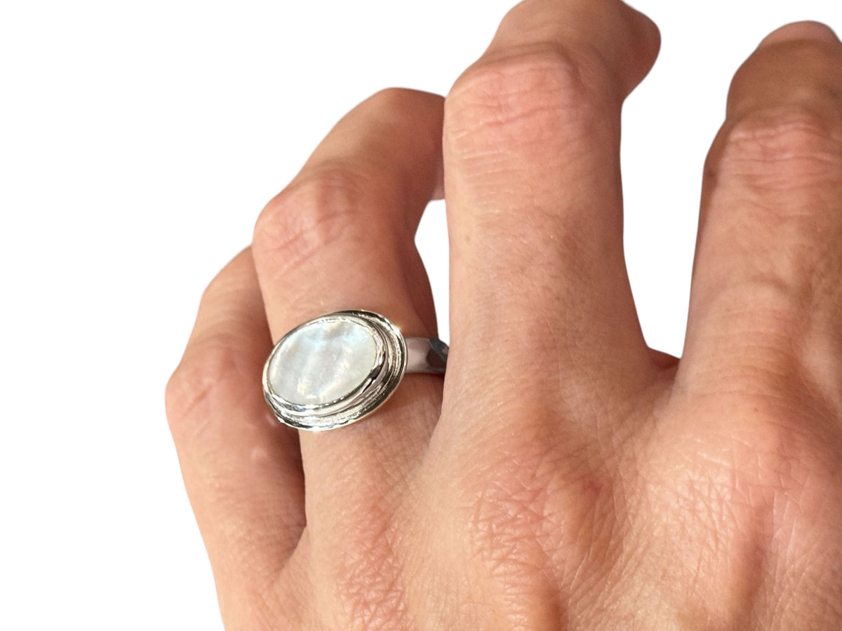 Alternate view of the white mother-of-pearl silver ring