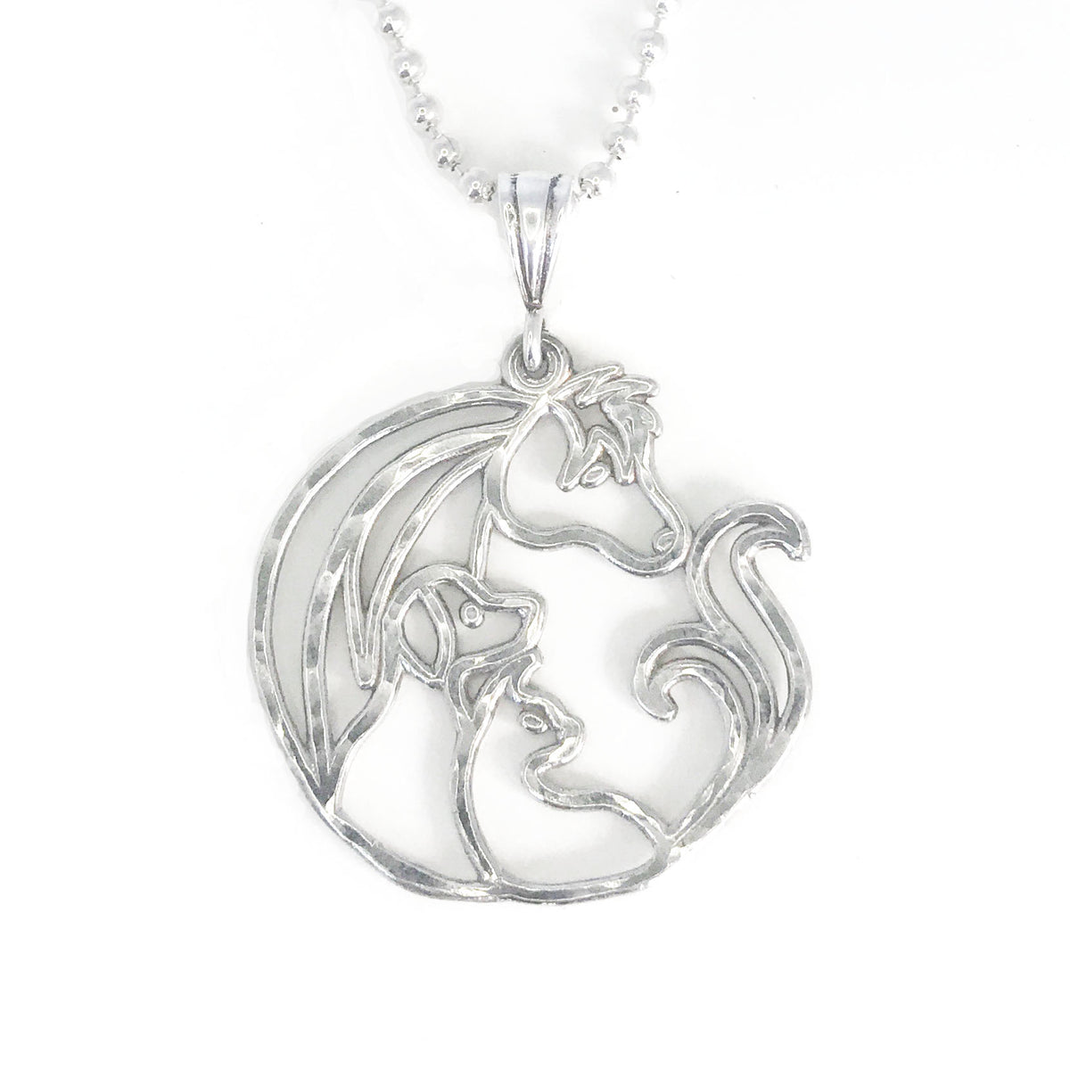 Large hammered sterling silver pendant with stylized horse, dog and cat on a silver ball chain, made to benefit St. Croix animal welfare