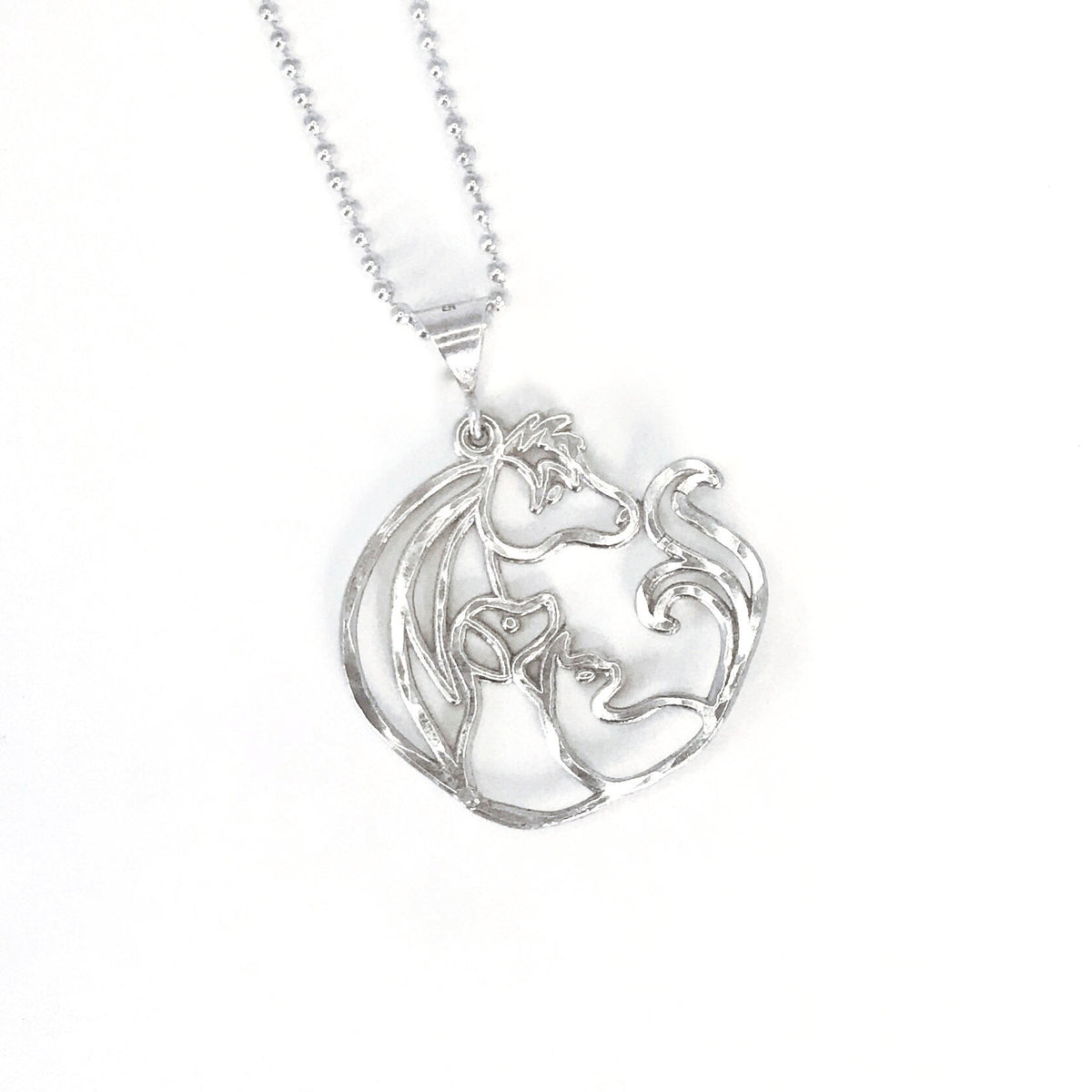 Small hammered sterling silver pendant with stylized horse, dog and cat on a silver ball chain, made to benefit St. Croix animal welfare