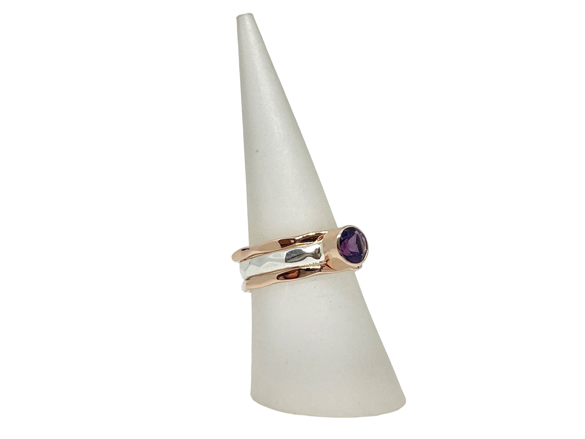 Alternate view of the amethyst rose gold and silver stack rings