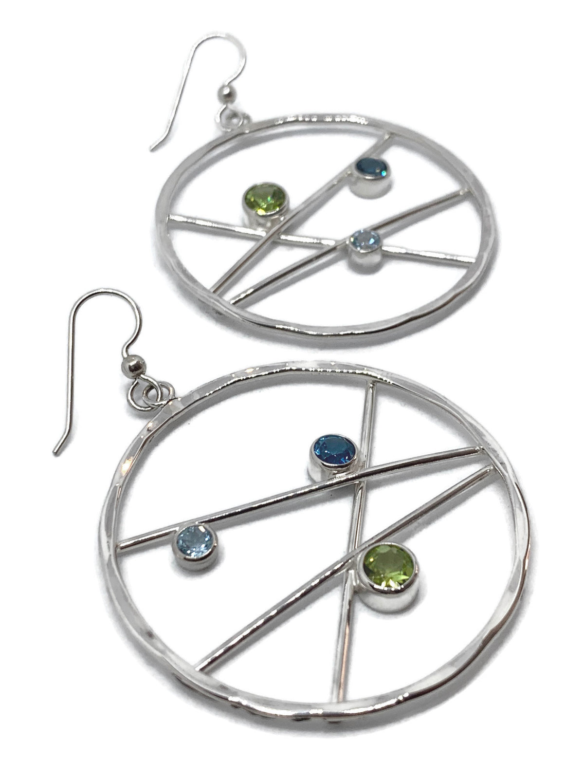Sterling silver hoop earrings set with green peridot, London blue topaz and sky blue topaz