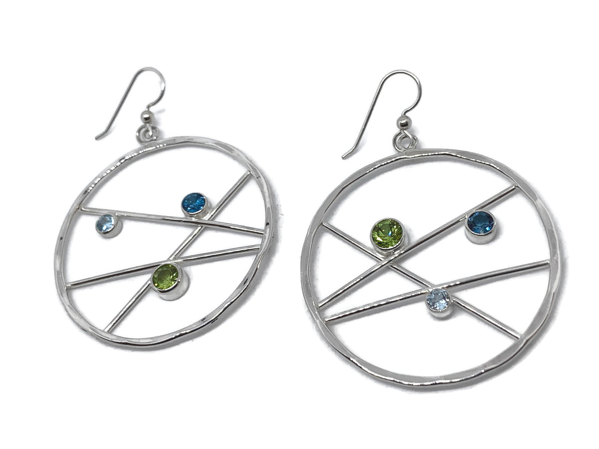 Side view of the peridot and blue topaz hoop earrings