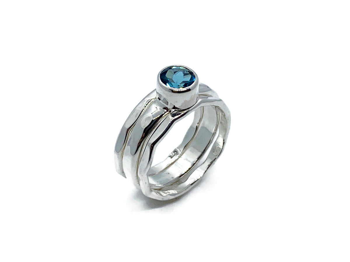 Side view of the London blue topaz silver stack ring