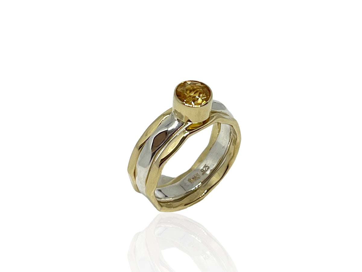 Alternate view of the citrine gold and silver stack rings