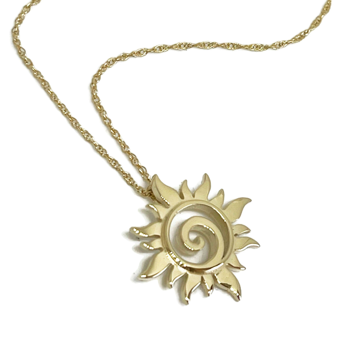 Another angle of the yellow gold sun swirl necklace