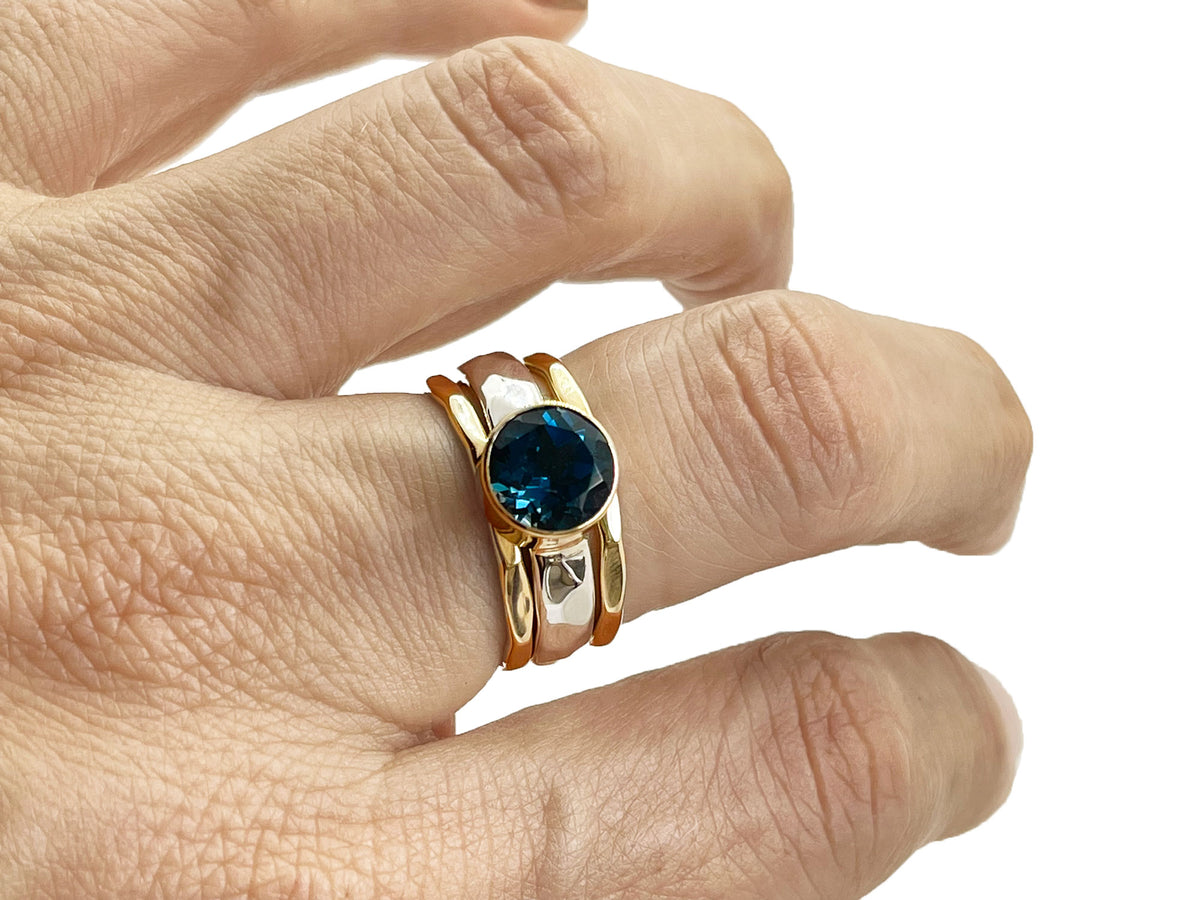 Alternate view of the 2.40 carat London blue topaz stack ring in silver and gold
