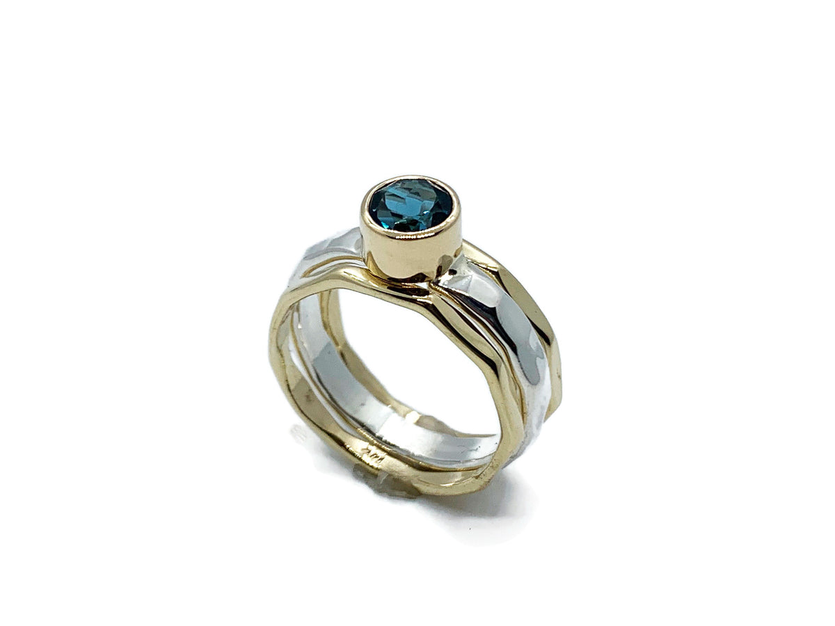 Alternate view of the London blue topaz silver and gold stack rings