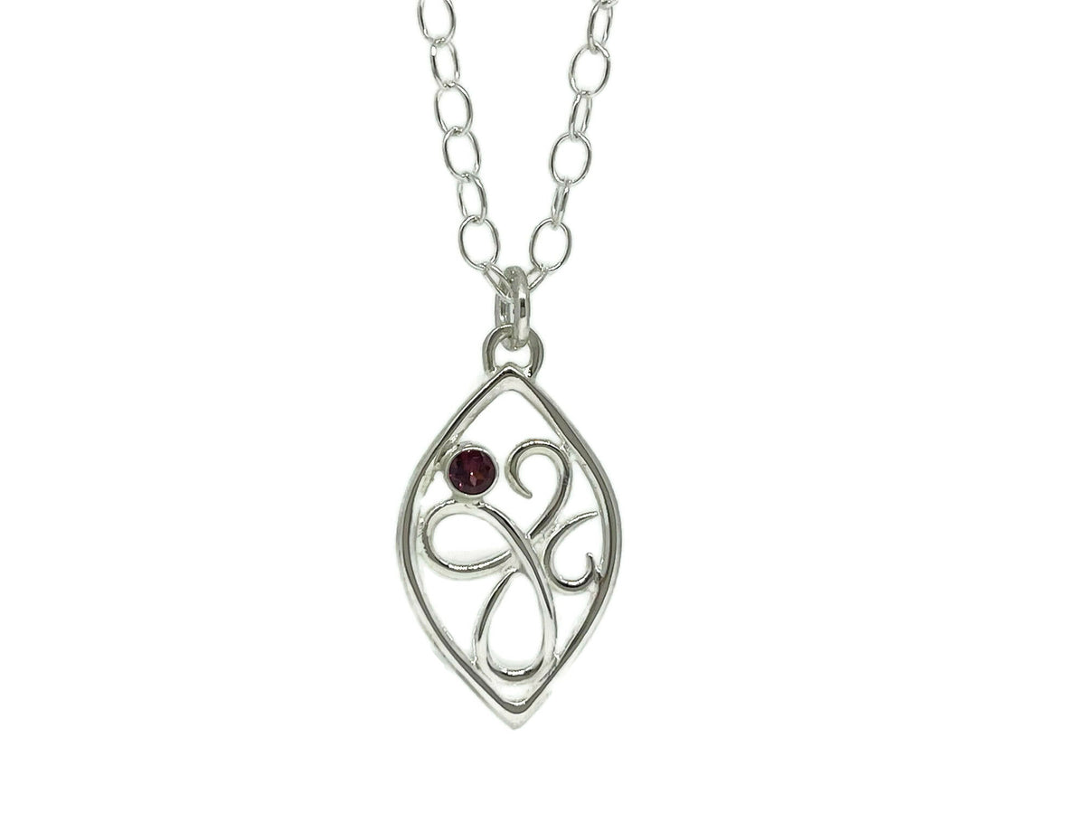 Leaf-shaped marquise sterling silver swirl pendant with a faceted rhodolite garnet accent