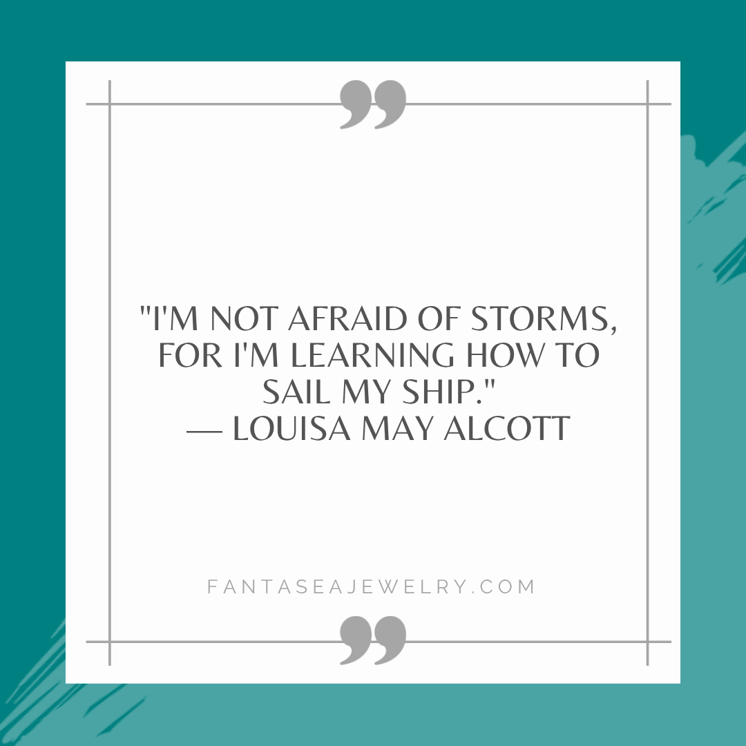 Teal border square image with quotation marks and Louisa May Alcott quote.