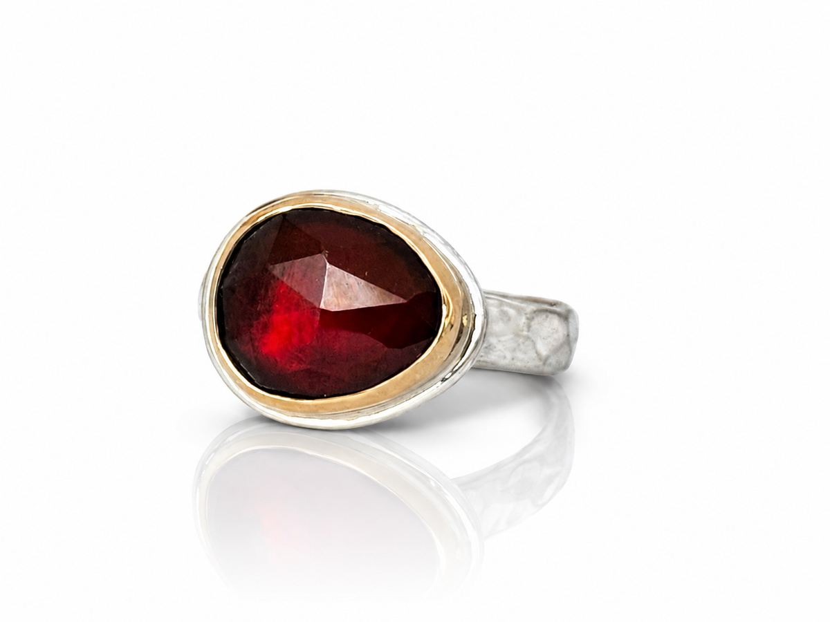 Red Garnet Ring Silver and Gold Size 7