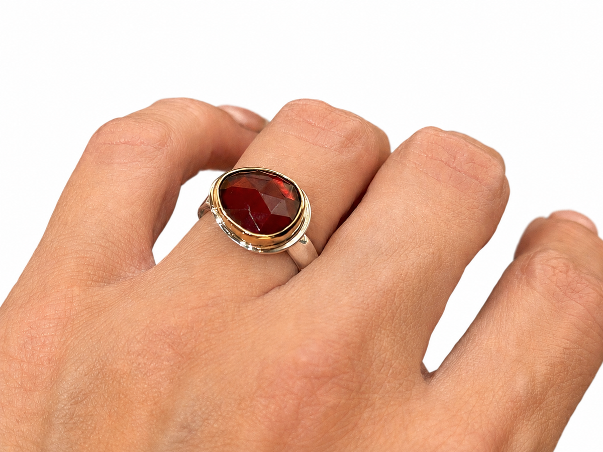 Red Garnet Ring Silver and Gold Size 7