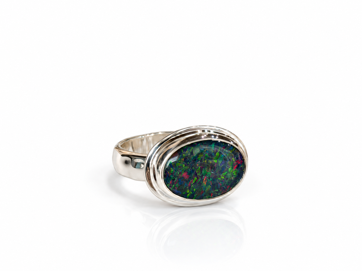 Black Opal Ring in Sterling Silver Size 6-1/2