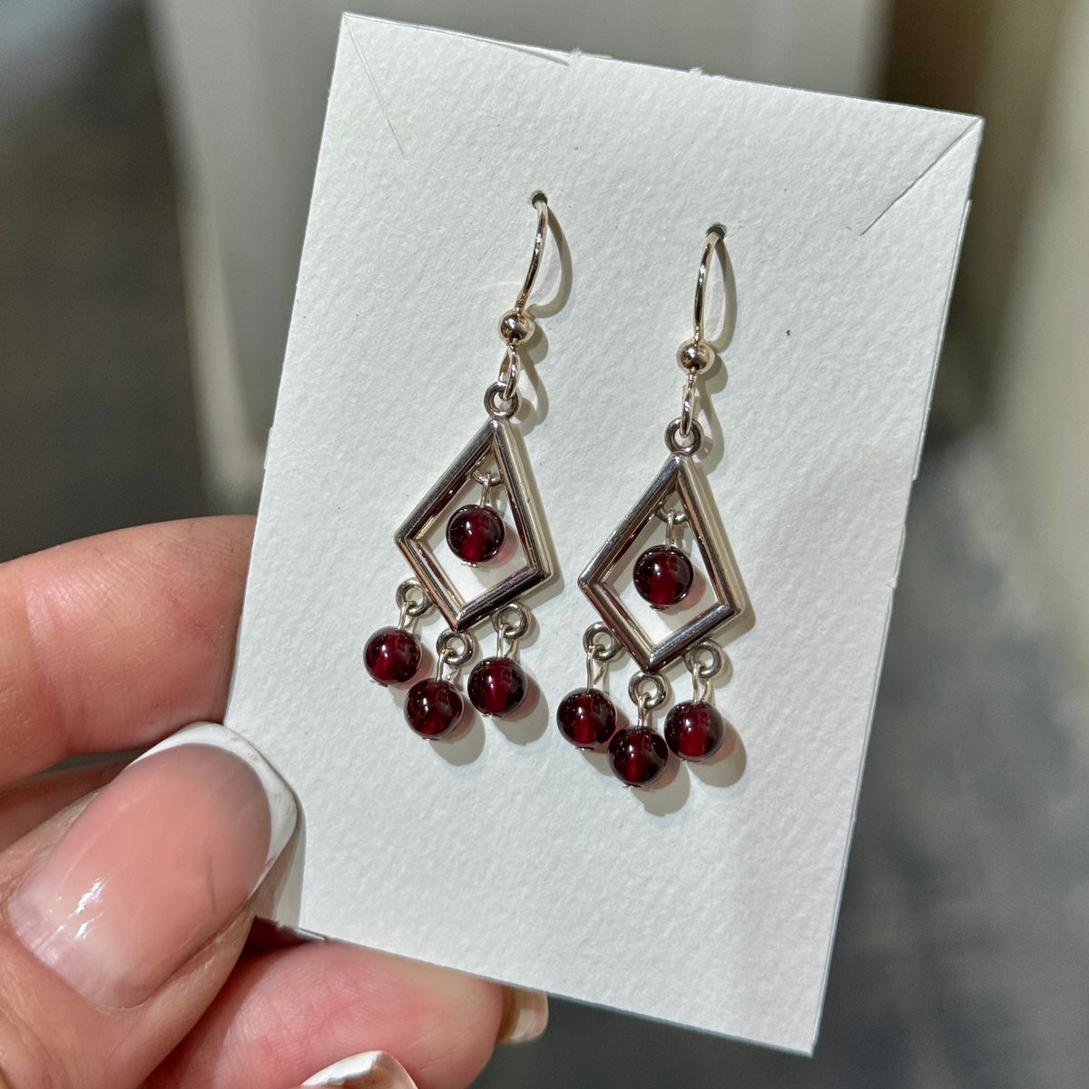 Garnet Bead Sterling Silver Geometric Dangle Earring