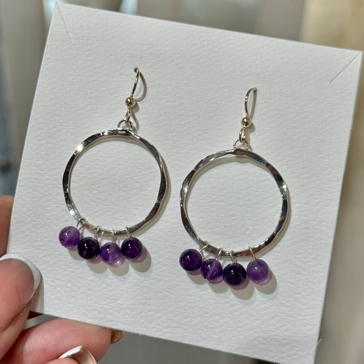 Amethyst Bead Dangles on Sterling Hammered Hoops