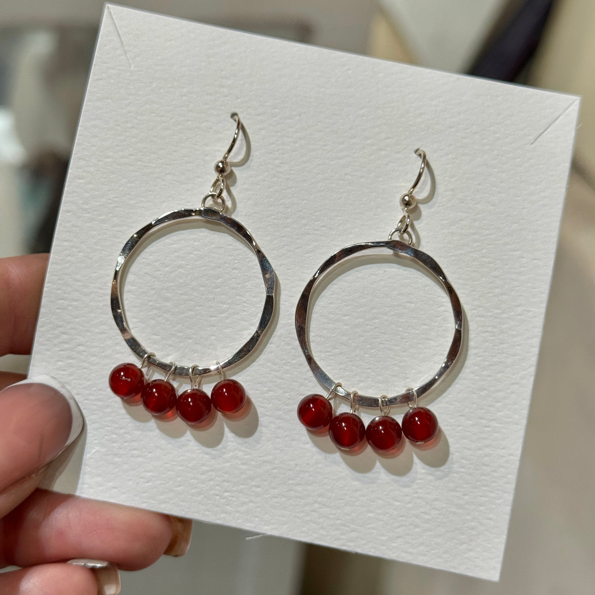Carnelian Bead Dangles on Sterling Hammered Hoops