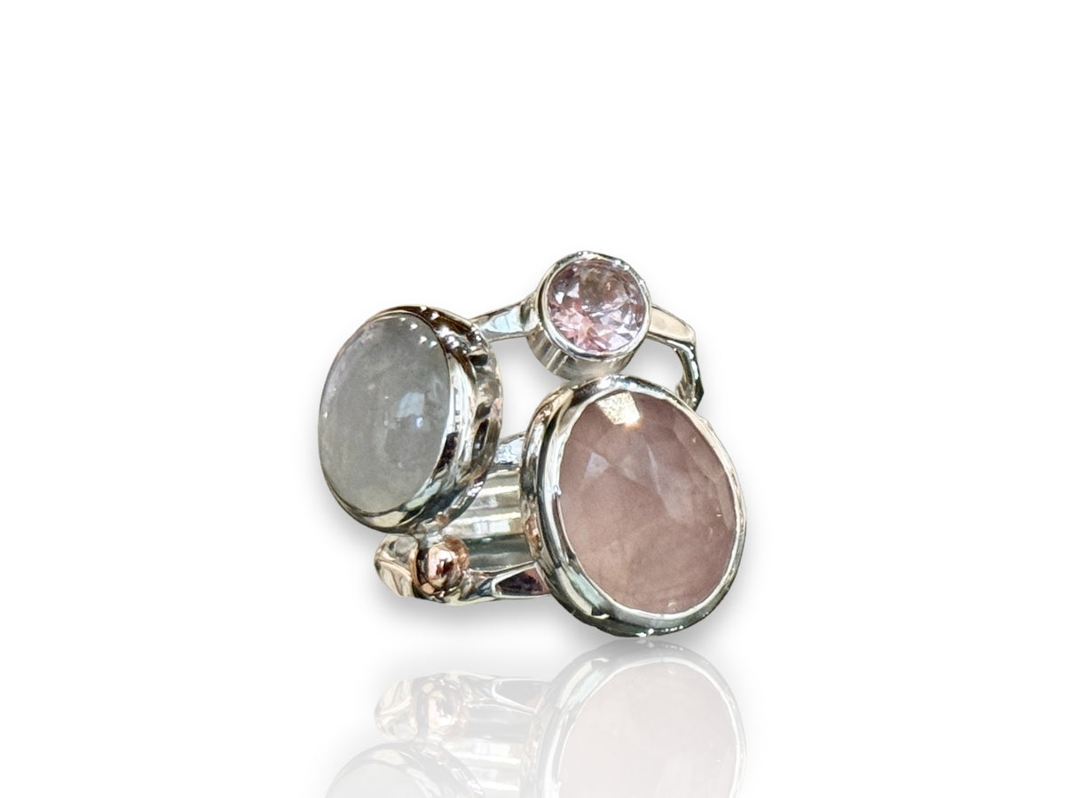 Moonstone Ring with Rose Quartz, Pink Topaz and Moonstone