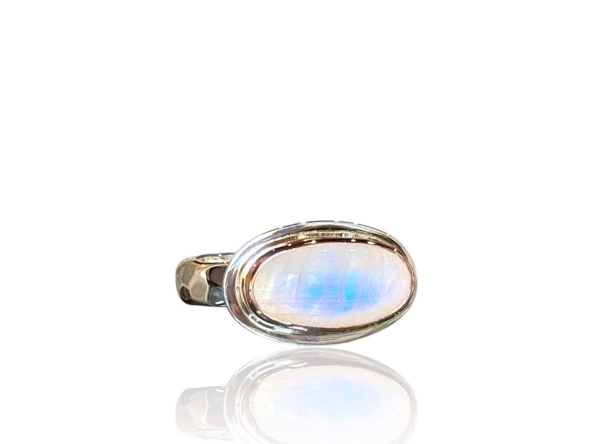 Long Oval Side Set Moonstone Ring Silver and Gold