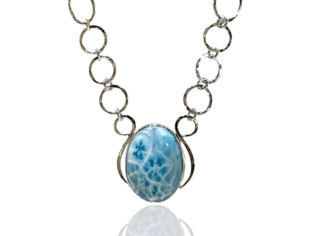 Larimar Necklace Silver Hammered Links - FantaSea Jewelry display picture 3