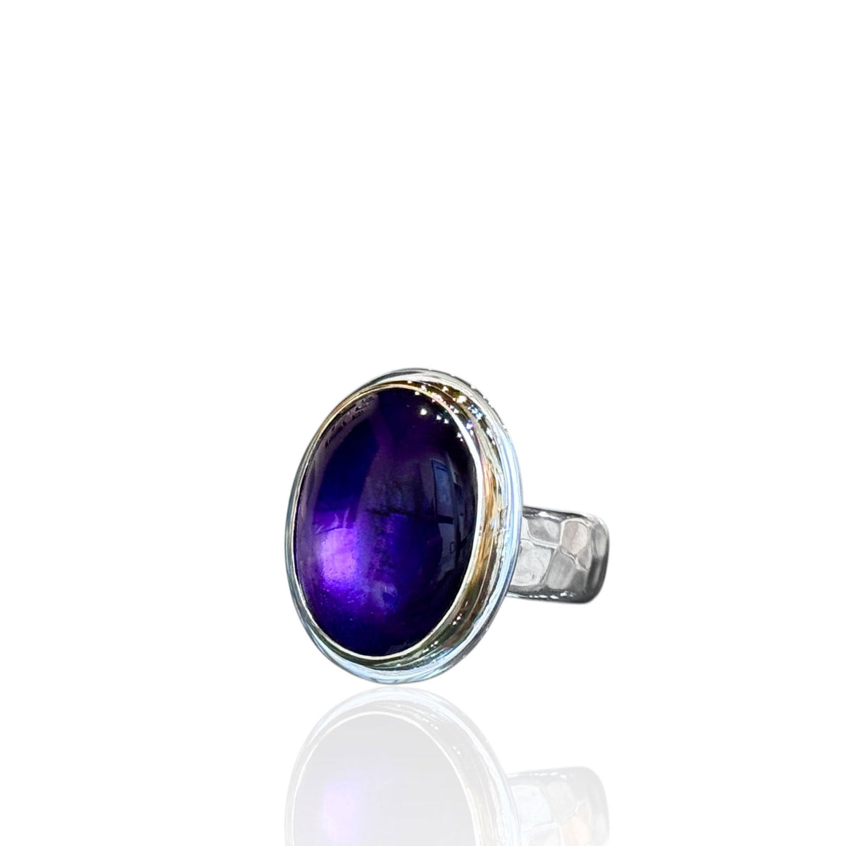 Amethyst Two Tone Ring Large Oval Cabochon