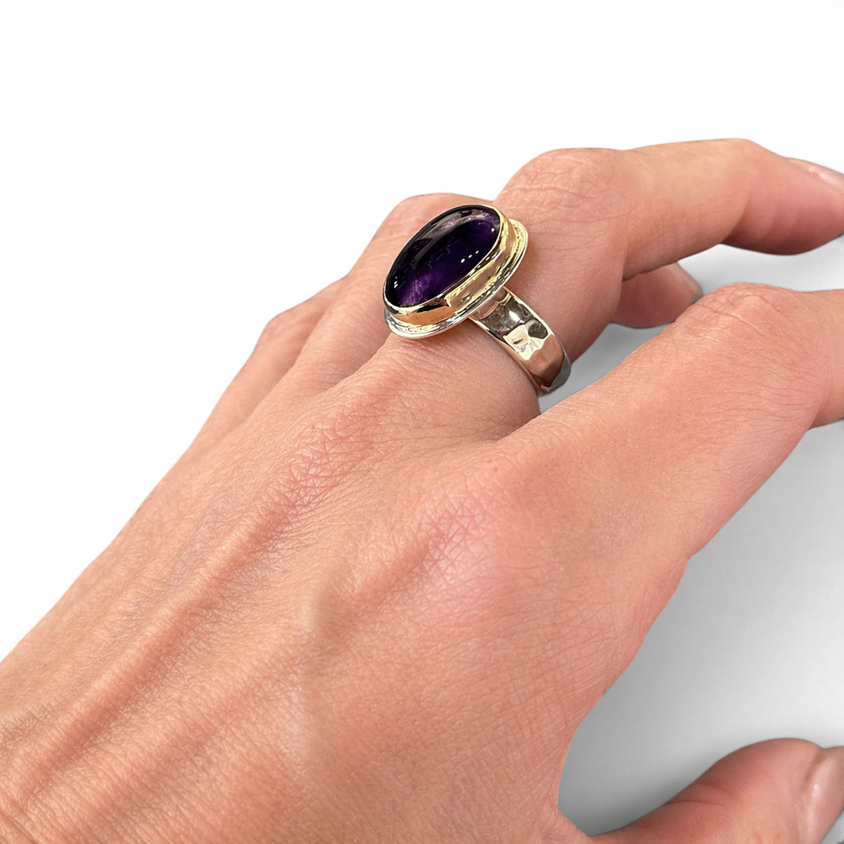 Amethyst Two Tone Ring Large Oval Cabochon