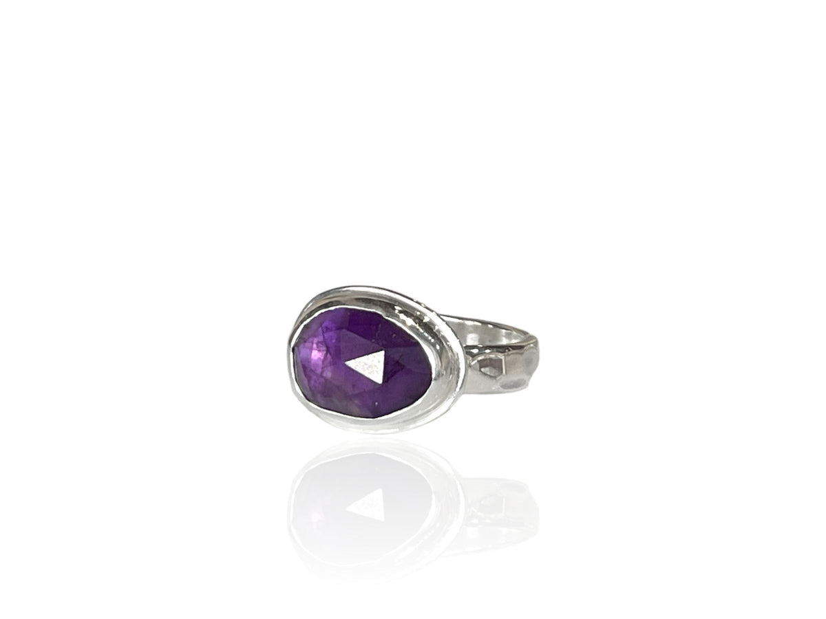 Amethyst Freeform Faceted Silver Ring Size 6