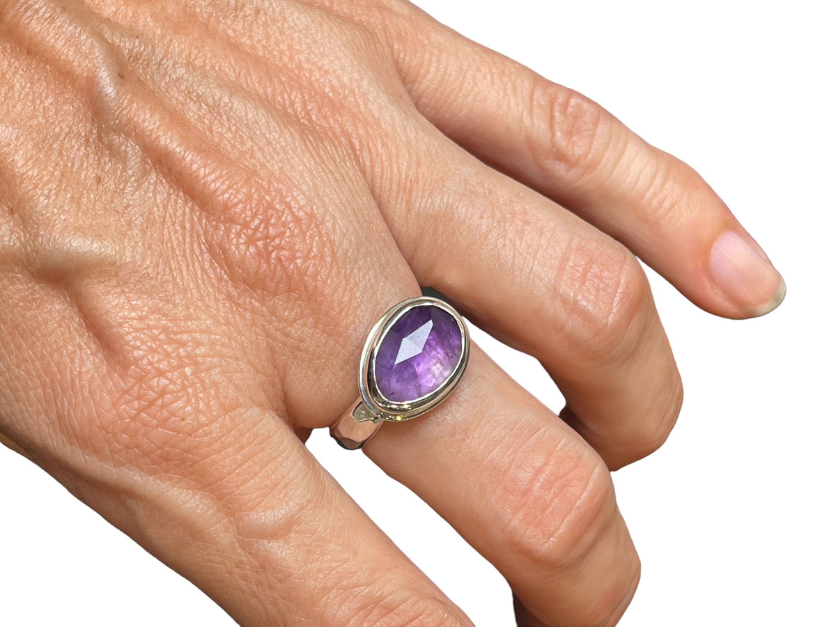 Amethyst Freeform Faceted Silver Ring Size 8