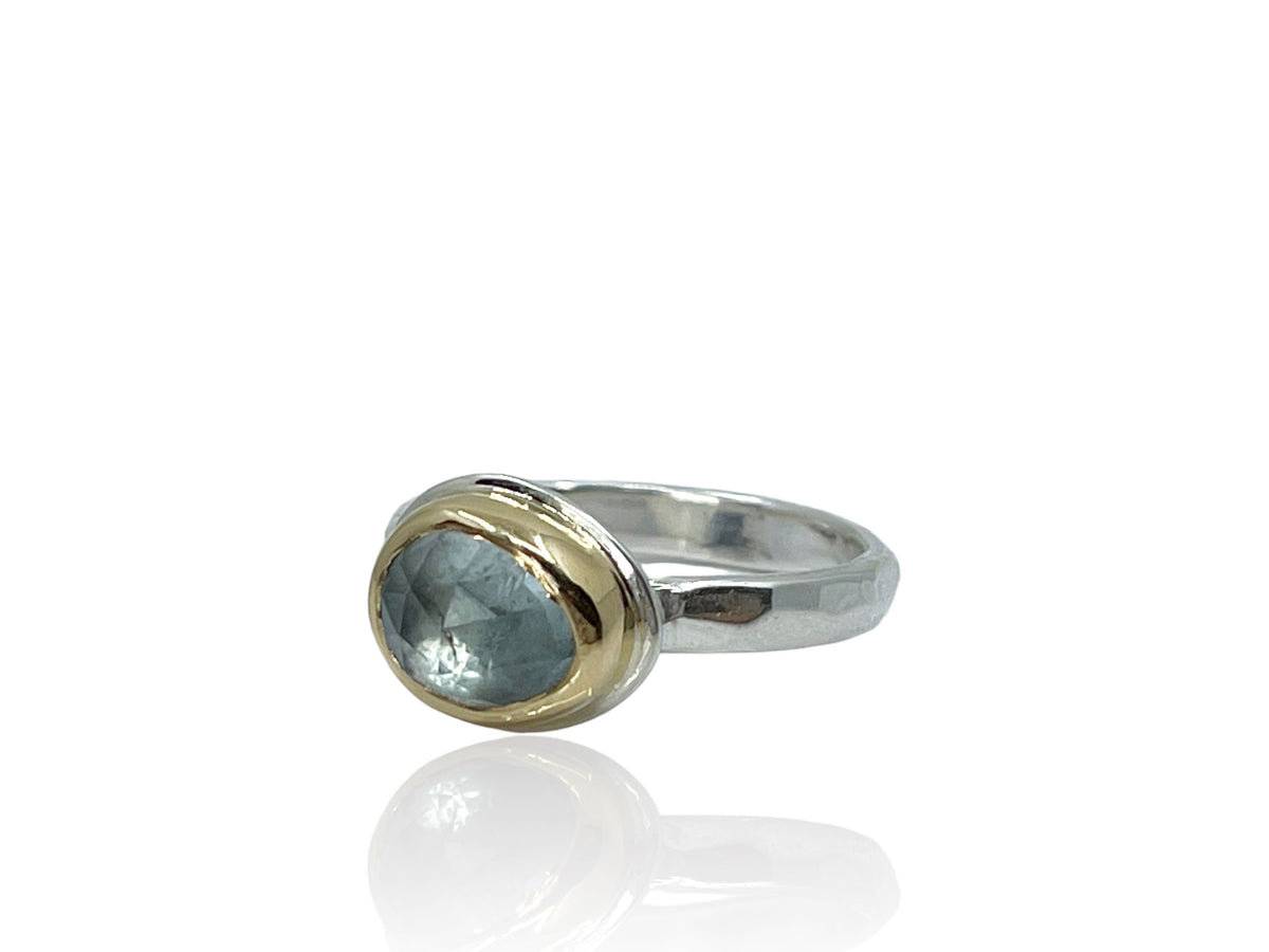 Aquamarine Faceted Gold and Silver Ring Size 8