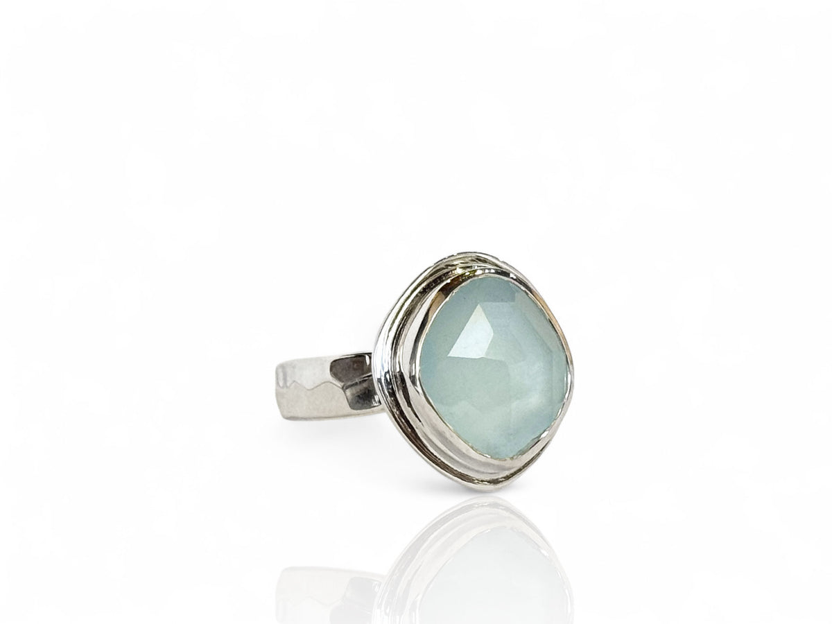 Aquamarine Freeform Faceted Ring Sterling Silver Size 8