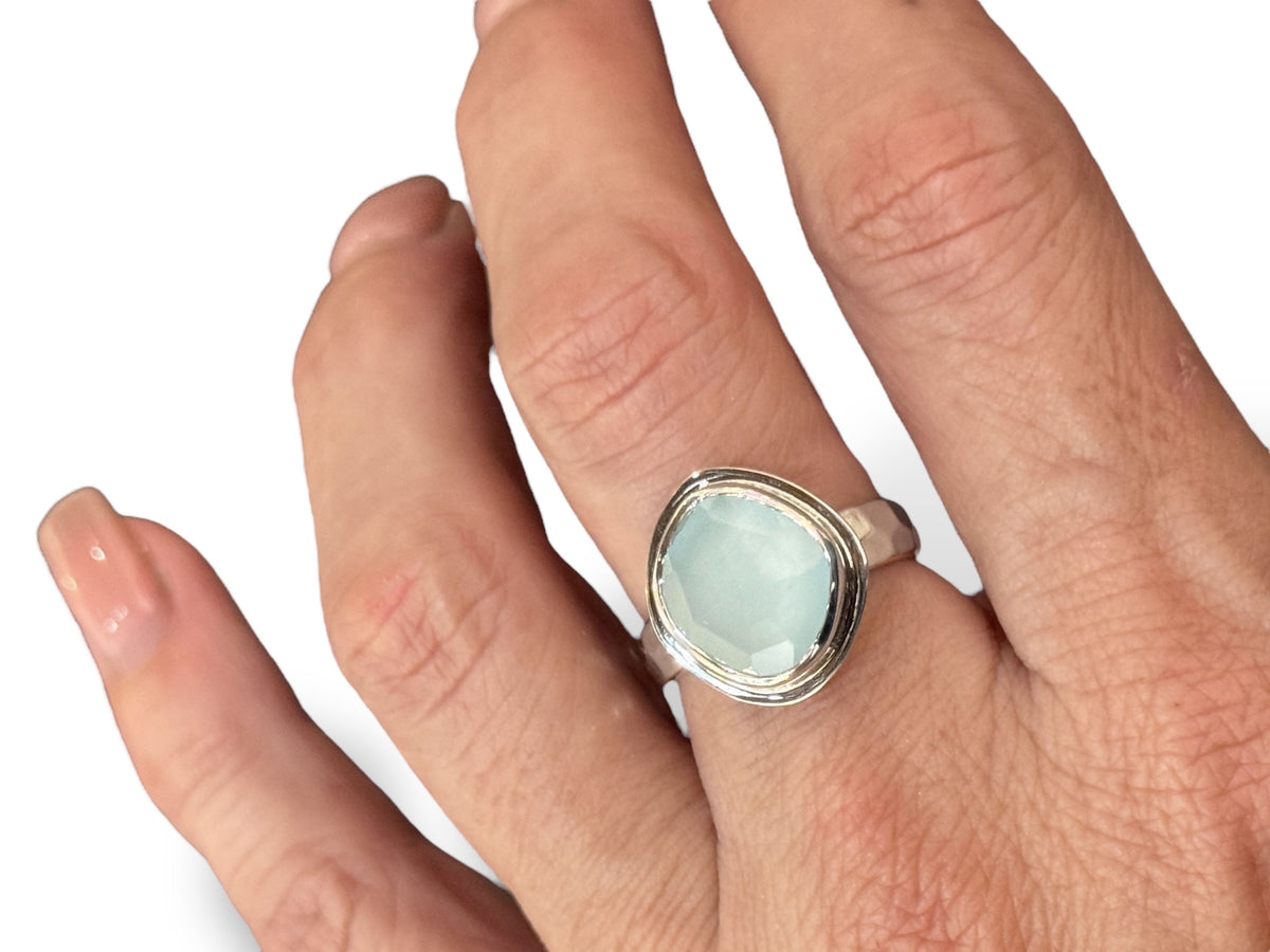 Aquamarine Freeform Faceted Ring Sterling Silver Size 8