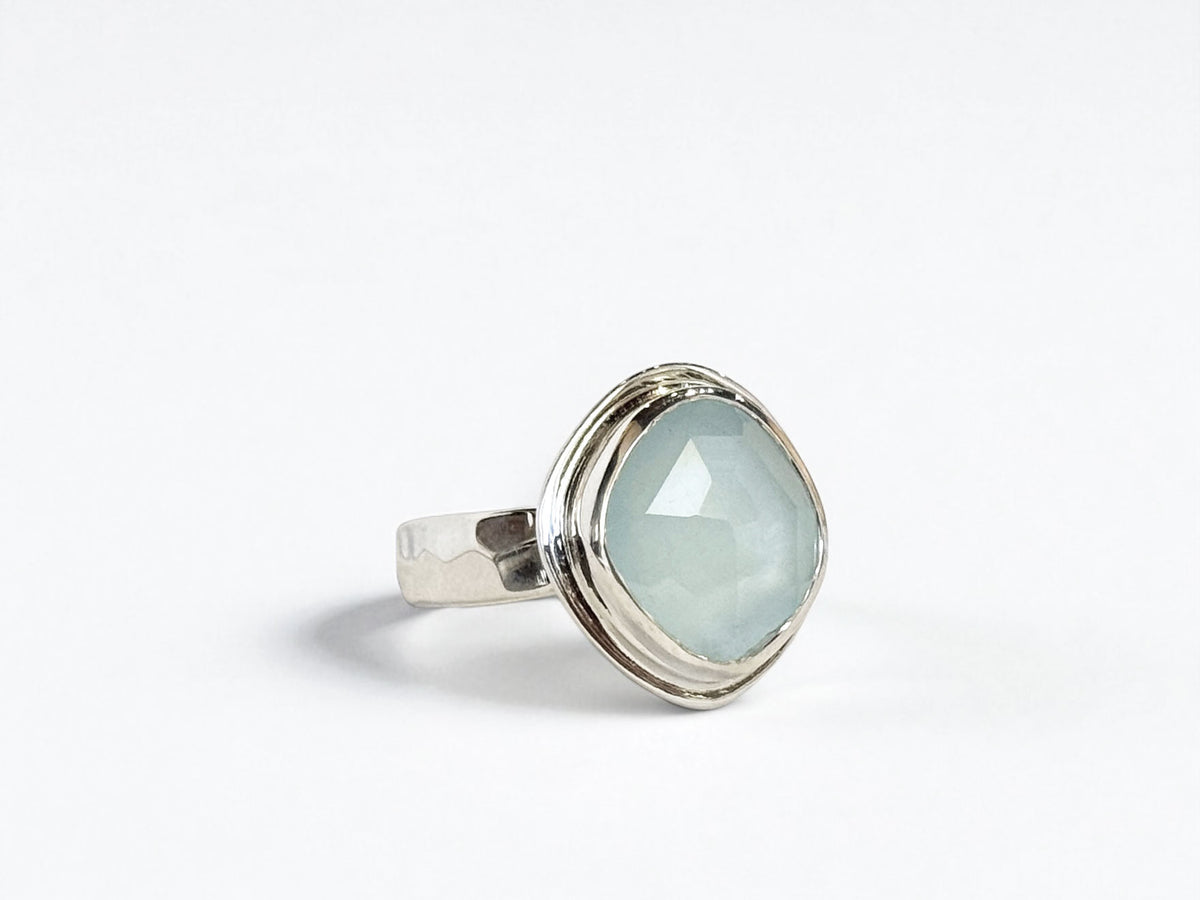 Aquamarine Freeform Faceted Ring Sterling Silver Size 8