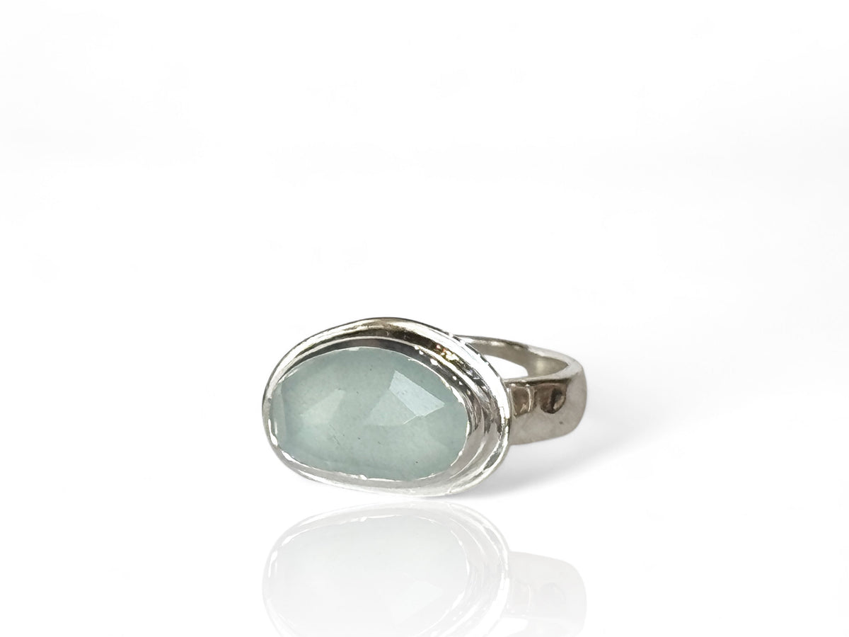 Aquamarine Rose Cut Freeform Ring Sterling Silver Size 7