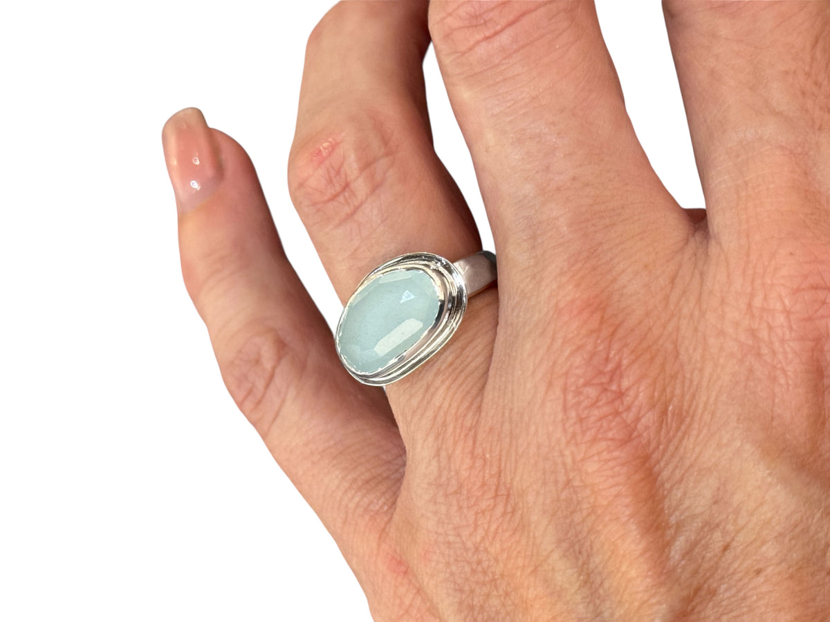 Aquamarine Rose Cut Freeform Ring Sterling Silver Size 7