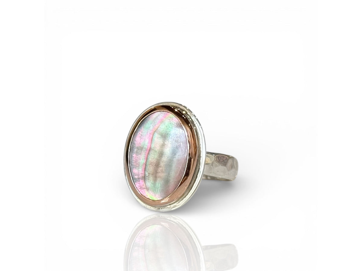 Black Mother of Pearl Oval Ring Rose Gold and Silver Size 8