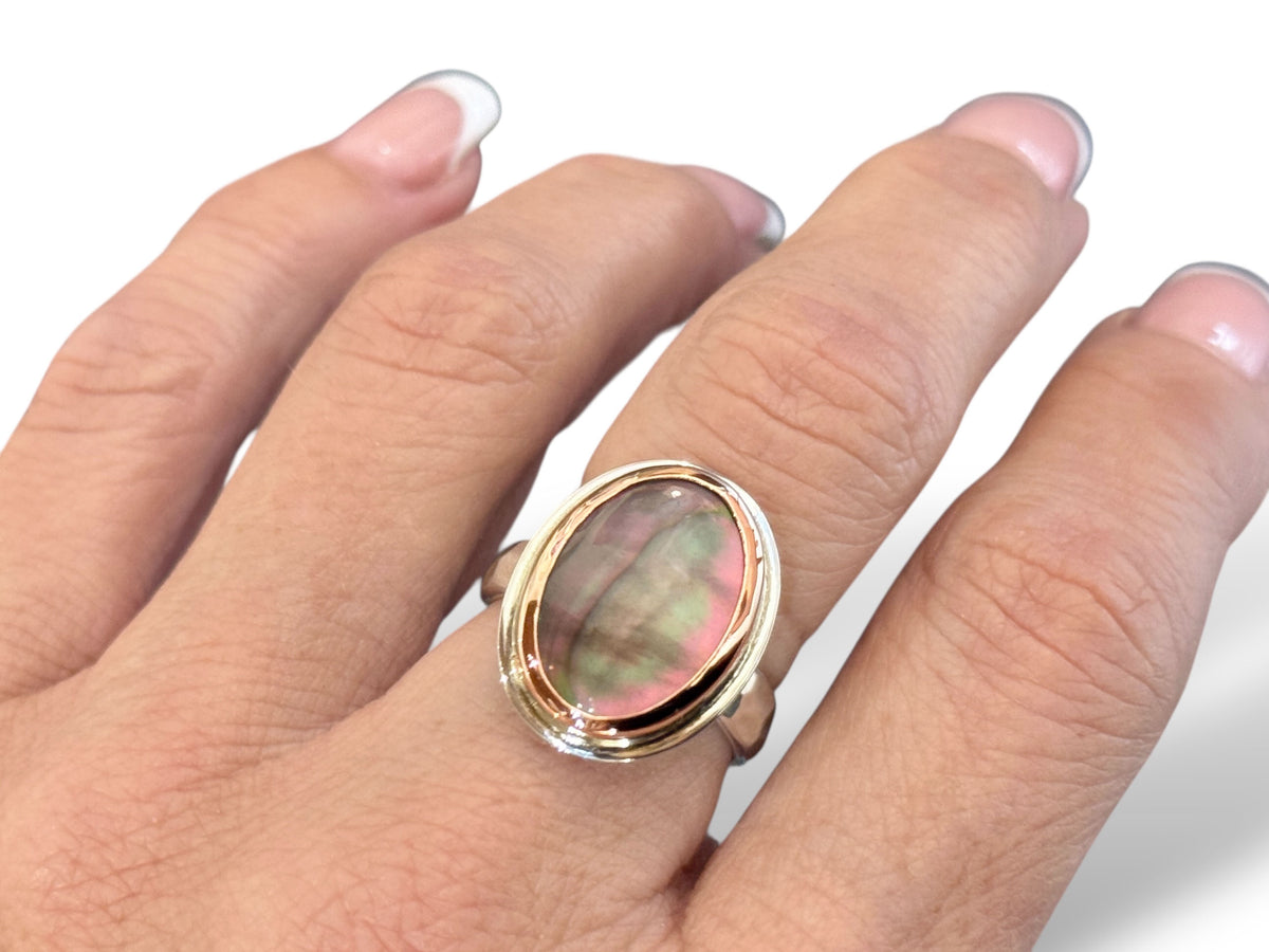 Black Mother of Pearl Oval Ring Rose Gold and Silver Size 8