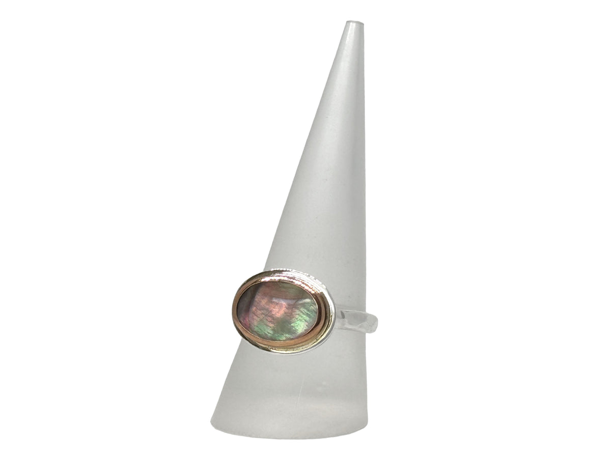 Black Mother of Pearl Oval Ring Rose Gold and Silver Size 8