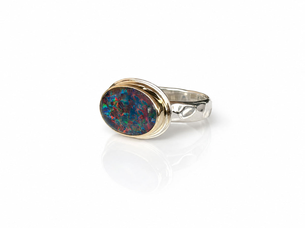 Black Opal Ring in Silver and Gold Size 6