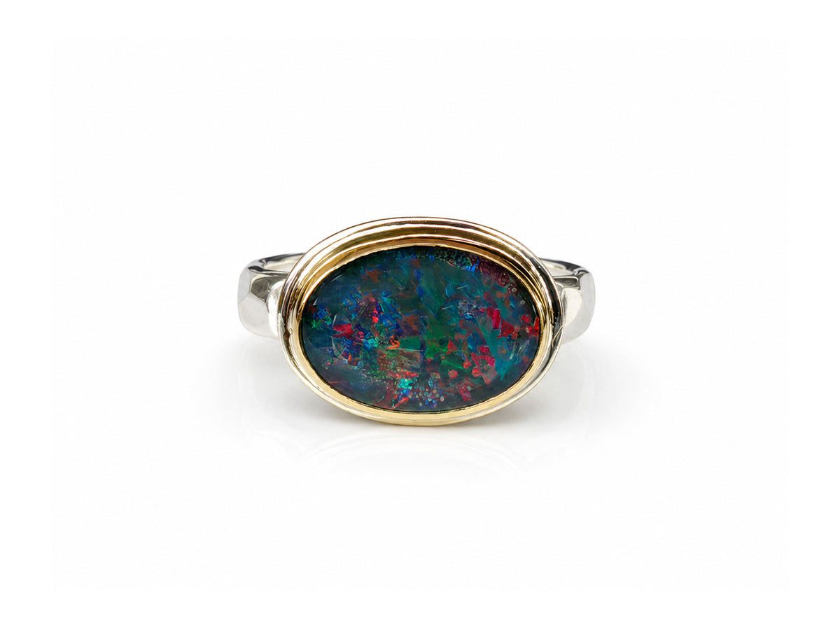 Black Opal Ring in Silver and Gold Size 6