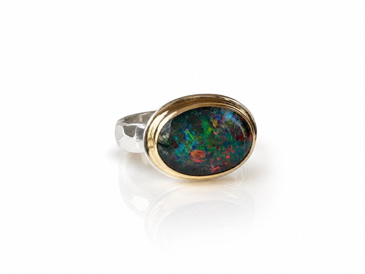 Black Opal Ring in Silver and Gold Size 6