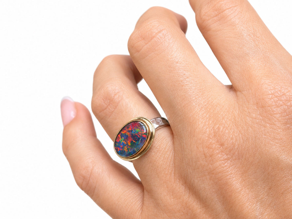 Black Opal Ring in Silver and Gold Size 6