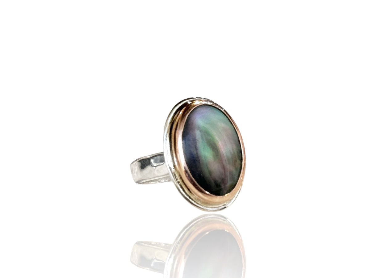 Black Mother of Pearl Oval Ring Rose Gold and Silver Size 6